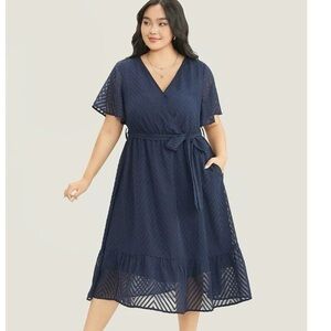 Bloomchic Plus Size Plain Geometric Pocket Mesh Ruffle Sleeve Belted Wrap Dress